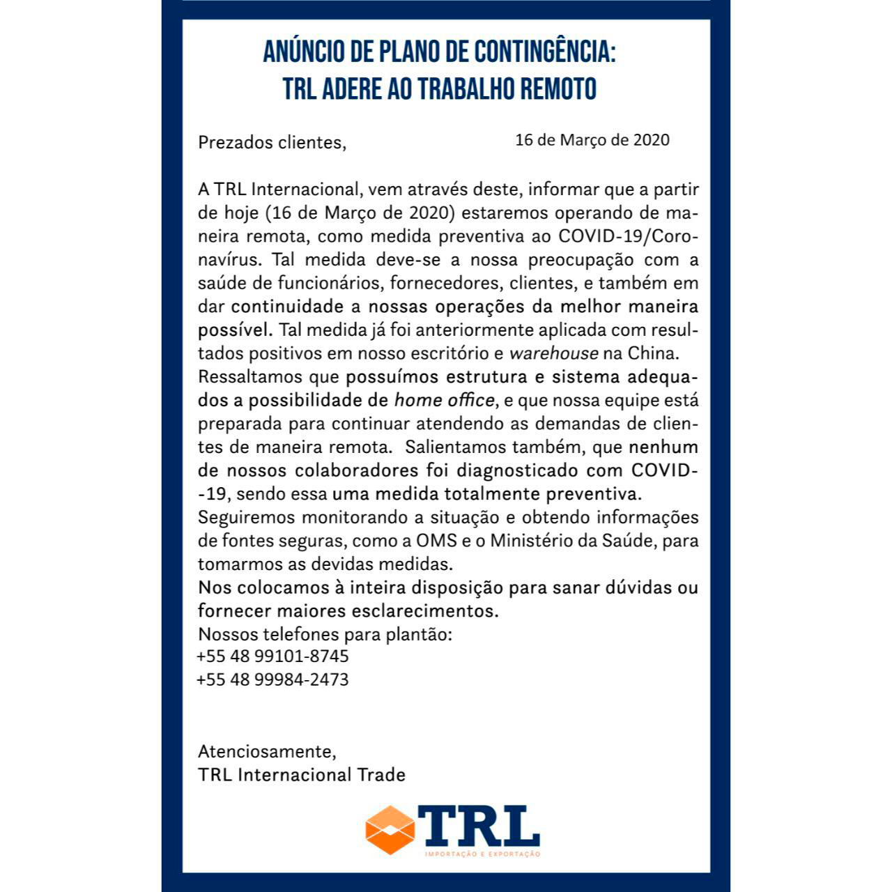 Anúncio de plano de contingência: TRL adere ao trabalho remoto